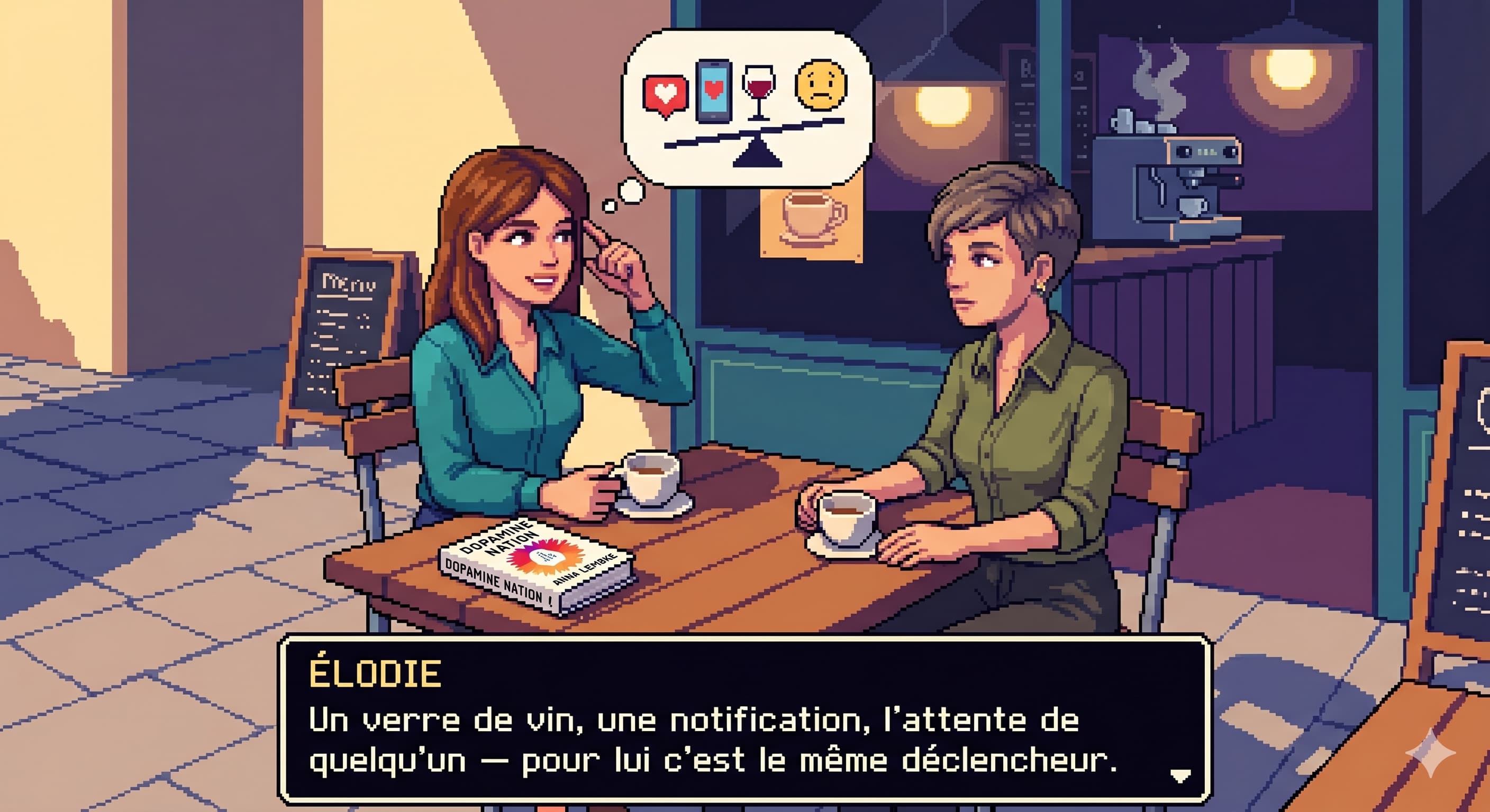 Élodie et Nathalie attablées en terrasse de café, discutant du livre Dopamine Nation d'Anna Lembke